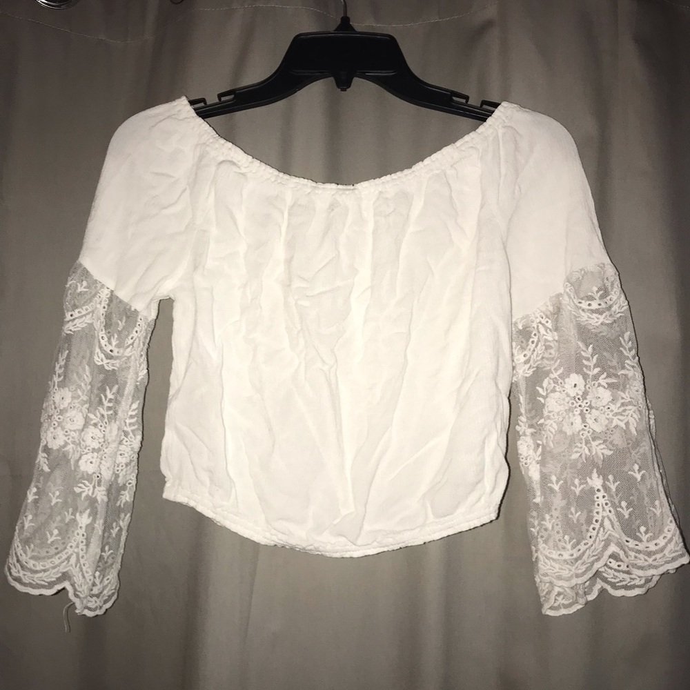 white crop top with lace sleeves